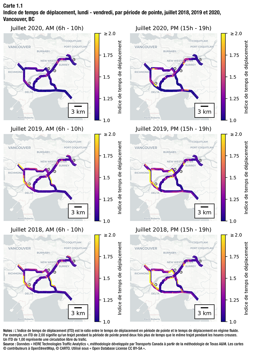 Carte 1.1 - Indice de temps de déplacement, lundi - vendredi, par période de pointe, juillet 2018, 2019 et 2020, Vancouver, BC