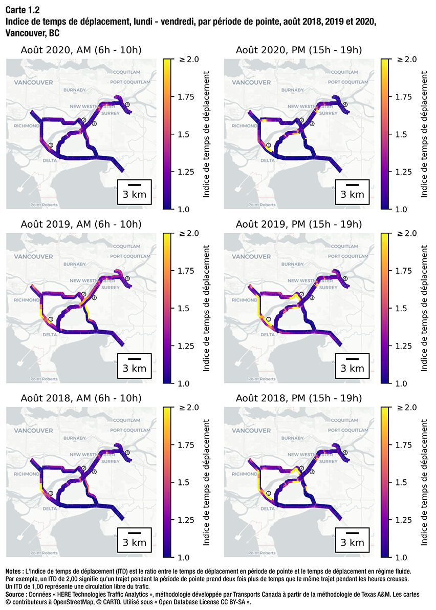 Carte 1.2 - Indice de temps de déplacement, lundi - vendredi, par période de pointe, août 2018, 2019 et 2020, Vancouver, BC