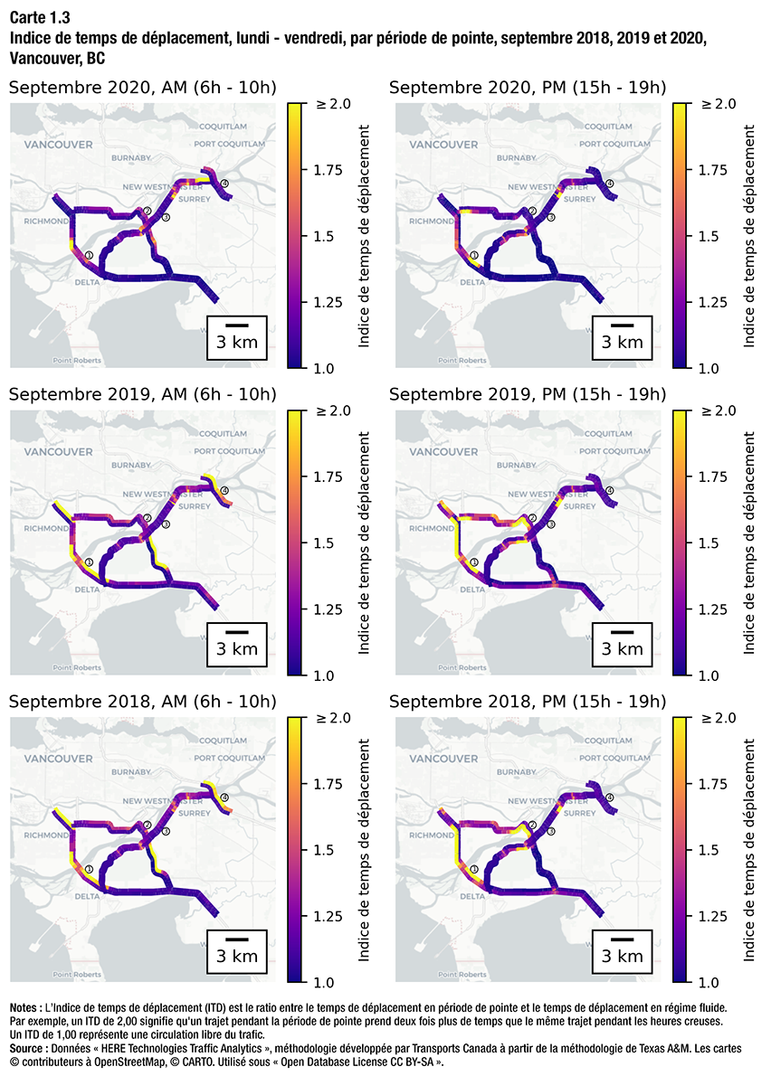 Carte 1.3 - Indice de temps de déplacement, lundi - vendredi, par période de pointe, septembre 2018, 2019 et 2020, Vancouver, BC