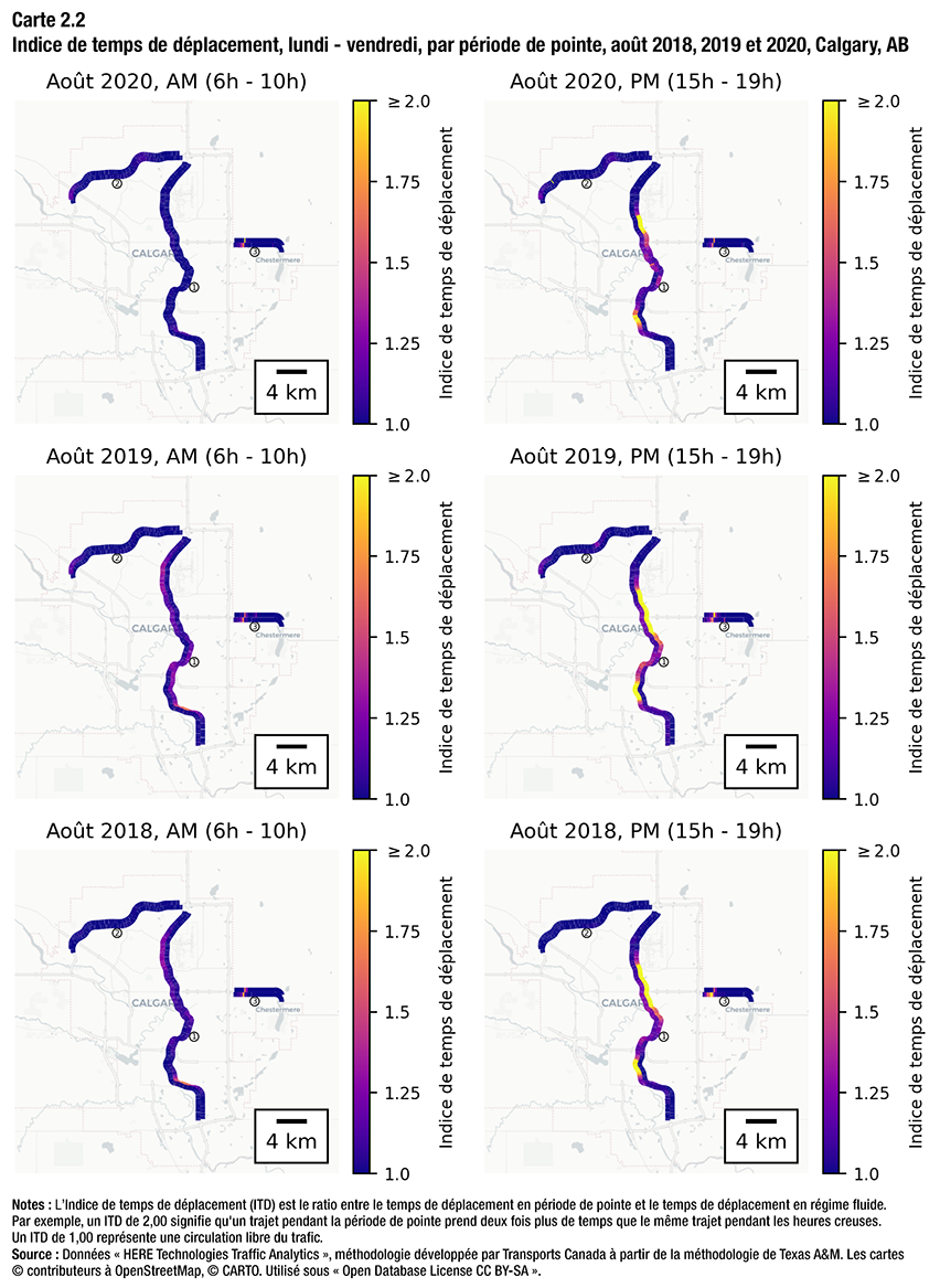 Carte 2.2 - Indice de temps de déplacement, lundi - vendredi, par période de pointe, août 2018, 2019 et 2020, Calgary, AB