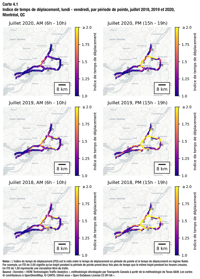 Carte 4.1 - Indice de temps de déplacement, lundi - vendredi, par période de pointe, juillet 2018, 2019 et 2020, Montréal, QC