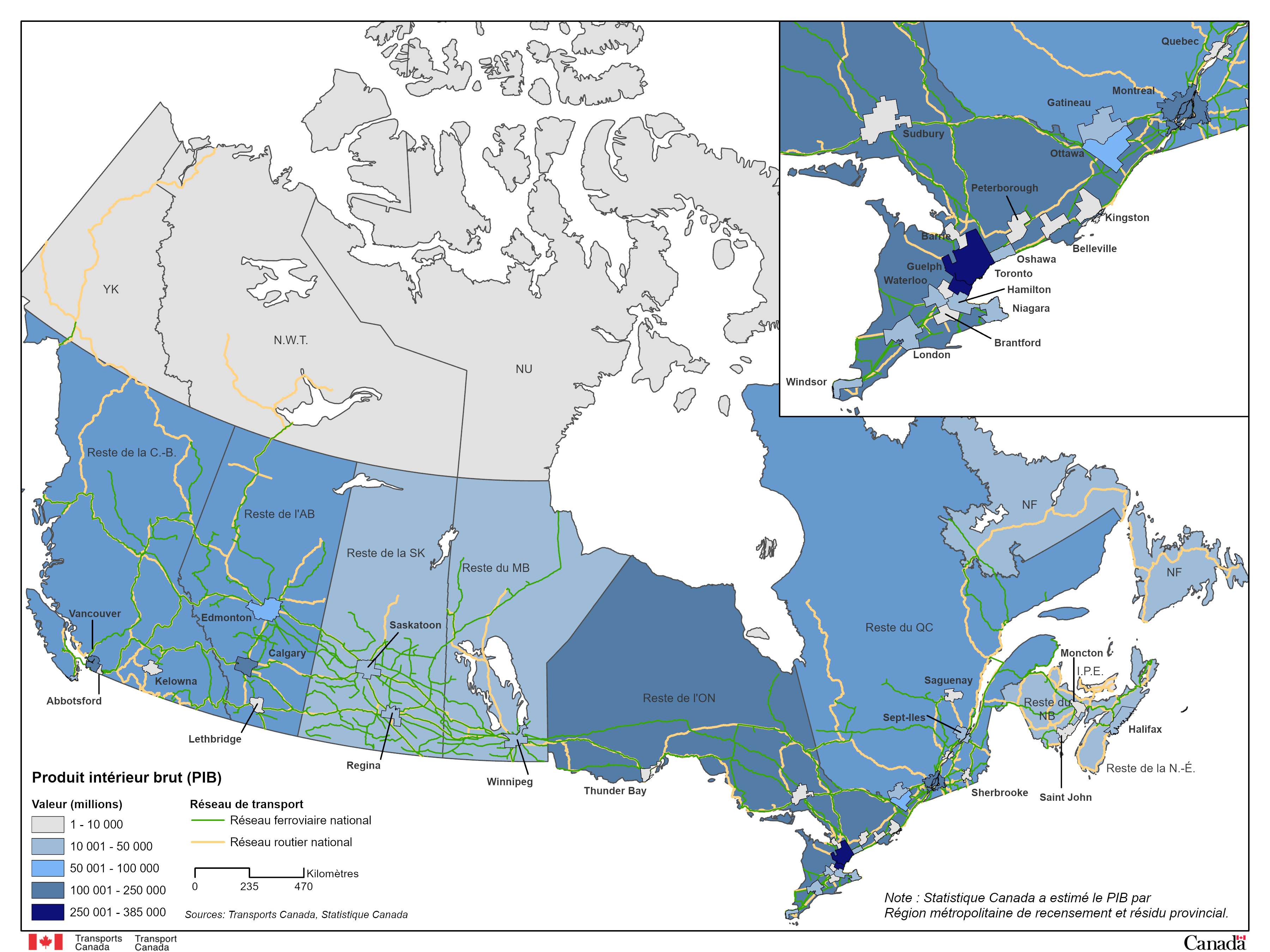 Cette carte montre la valeur du produit intérieur brut (PIB) au Canada. La valeur du PIB de chaque région est représentée par différentes nuances de bleu, le bleu le plus foncé indiquant la valeur la plus élevée. La carte est divisée entre les centres urbains et le reste des provinces/territoires. Il y a également un panneau avec un zoom sur la région du Grand Toronto. La carte montre également les réseaux ferroviaires et autoroutiers nationaux du Canada.